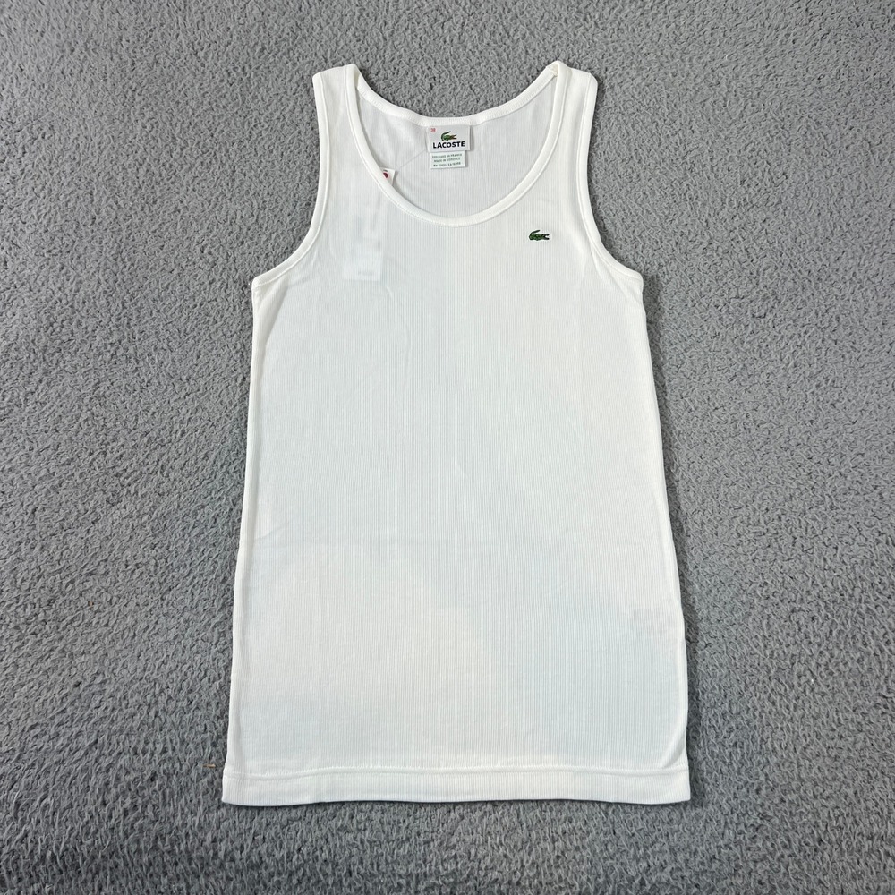Lacoste Tank Top Women US Size M (EU/6) White Ribbed Cotton Modal Stretch Logo